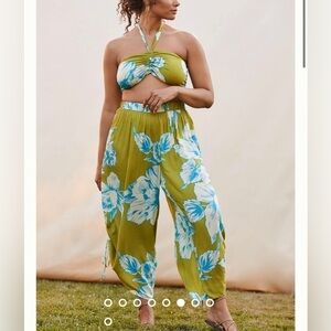 By Anthropologie Floral Green Bra Top and Pant Set